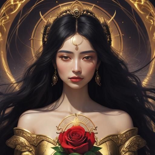 Goddess Holding a Magical Red Rose as Oil Painting