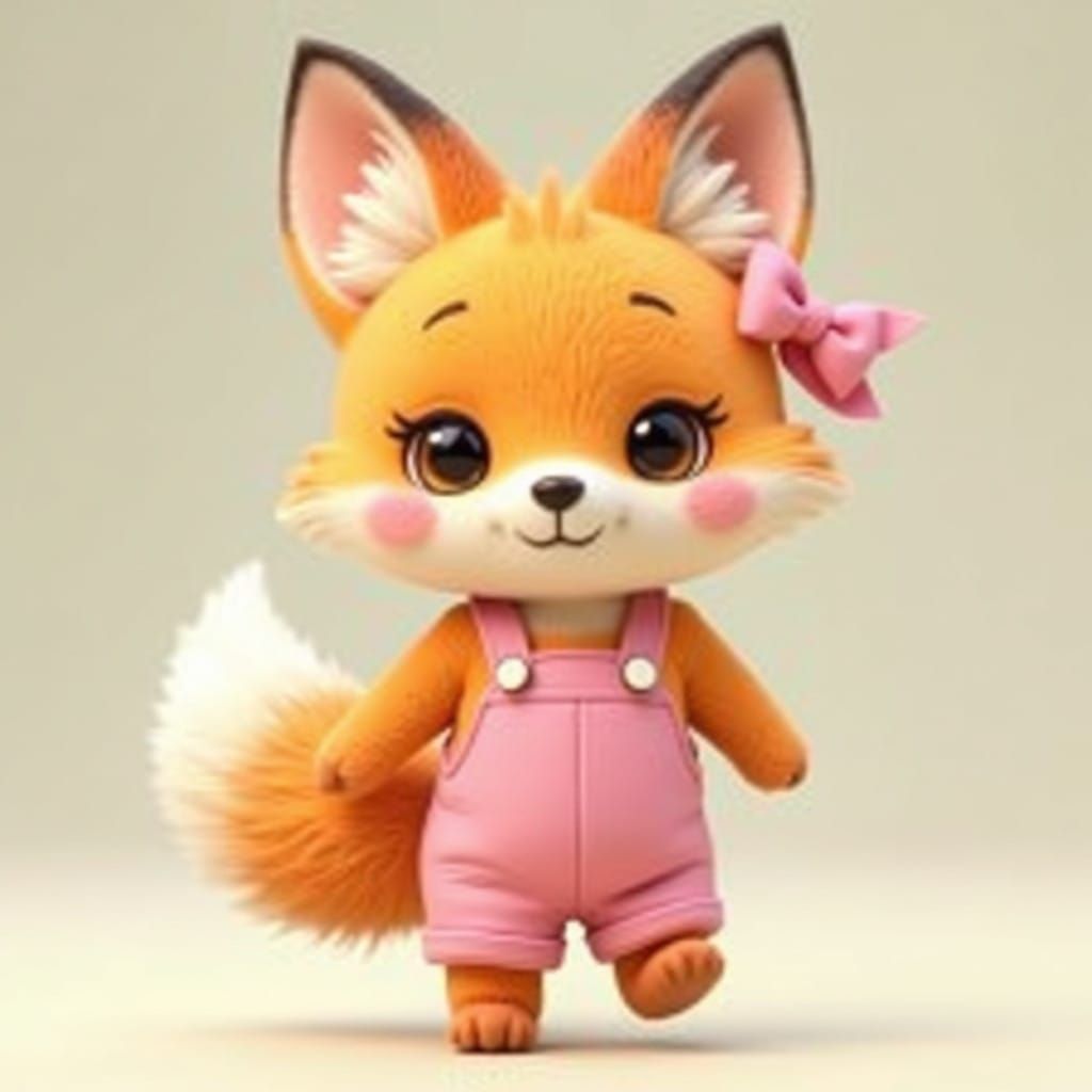 Adorable Walking Fox in Baby Pink Overalls, Whimsical 3D Art