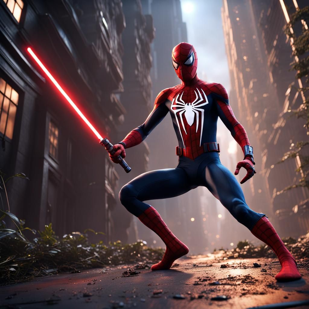 Spiderman in Star Wars Ambiance with Lightsaber