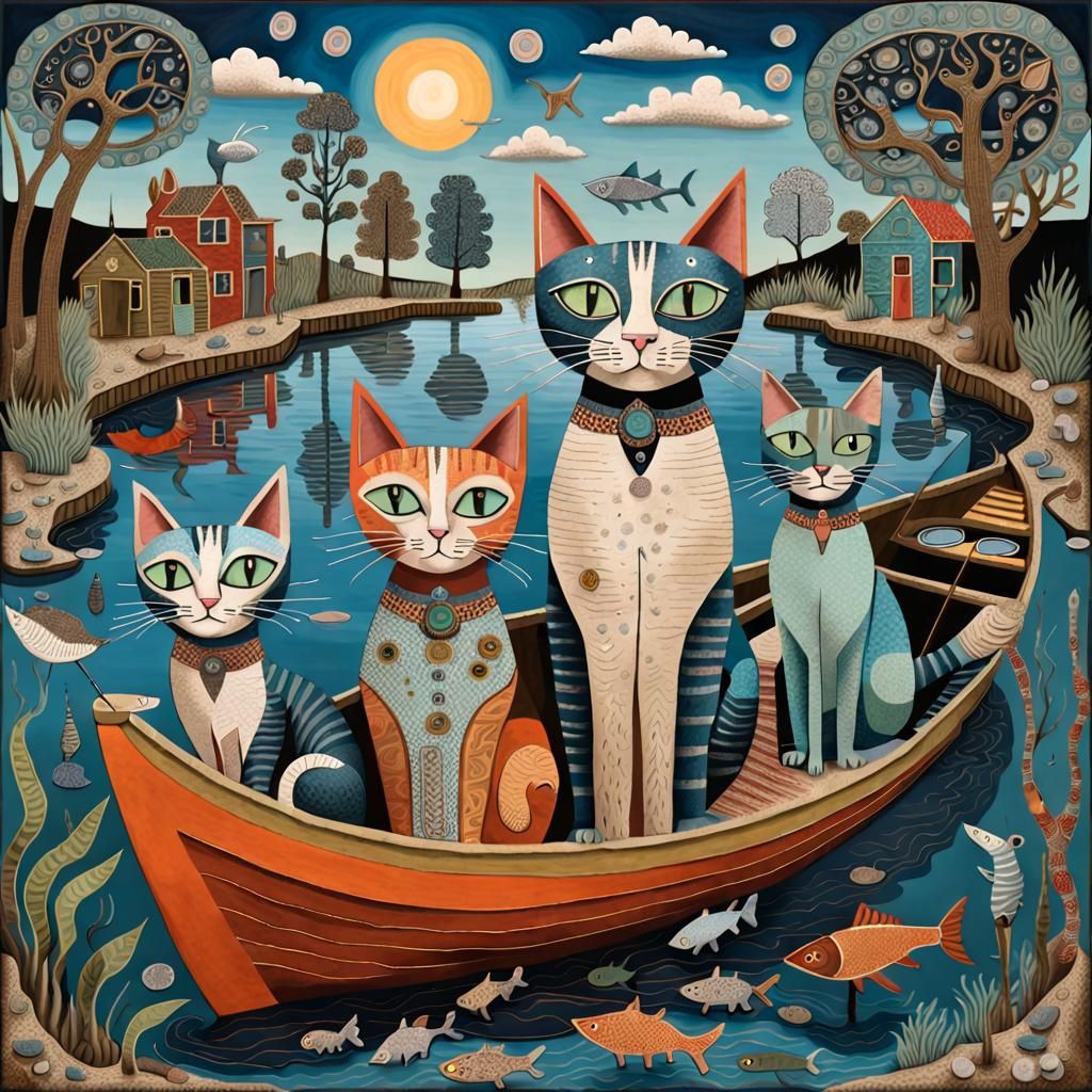 Whimsical Cats Fishing: Intricate Folk Art