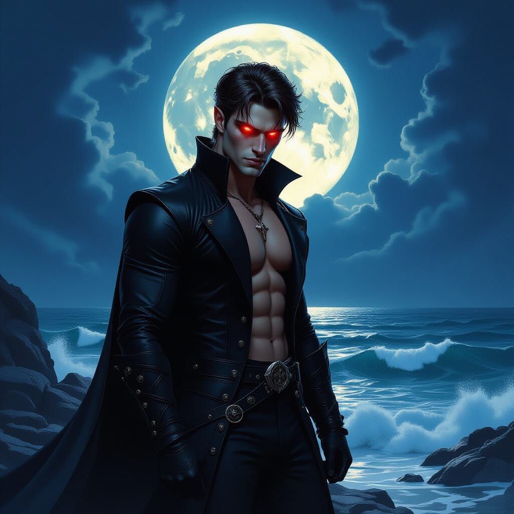 Muscular Vampire on Moonlit Coast in Dark Fantasy Style