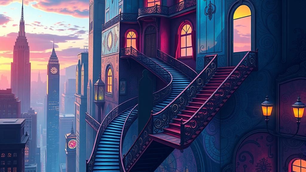 Dreamlike Cityscape with Mystical Being in Art Deco Style