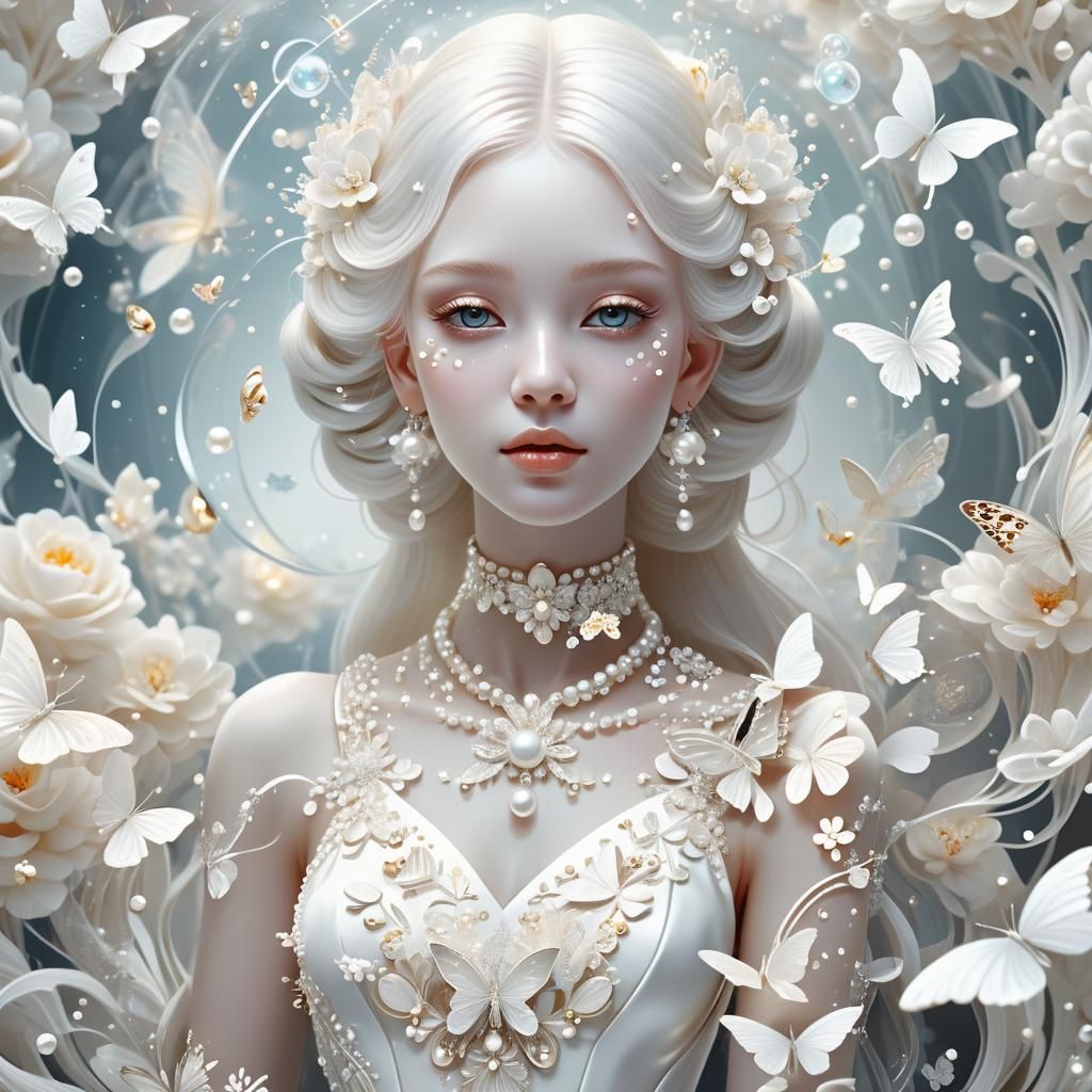 Ethereal Girl Portrait with Pearls and Butterflies