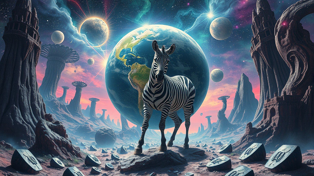 Surreal Zebra Planet in Dreamlike Maximalist Style