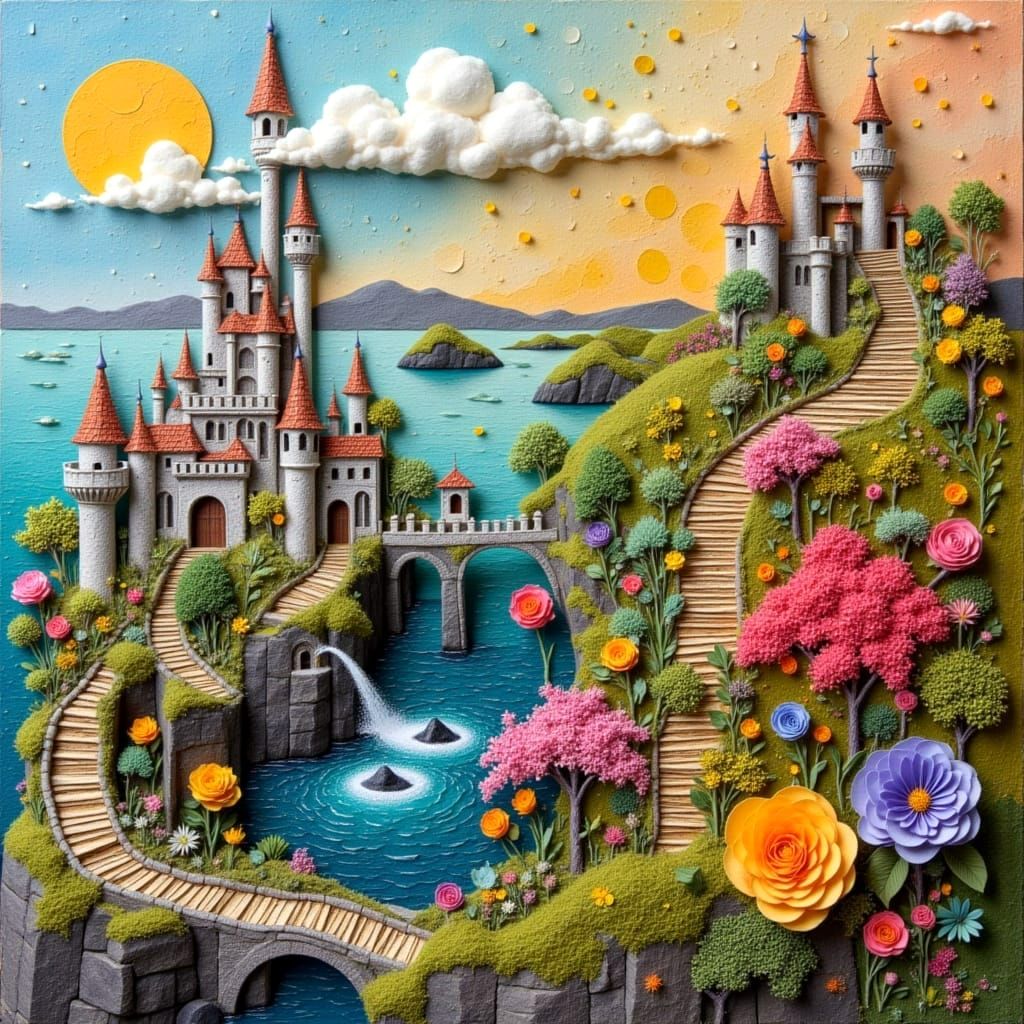 Gleaming Mosaic Castle with Blooming Balconies and Sea Views