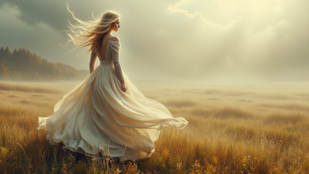 Blonde Woman in Windy Landscape as Oil Painting