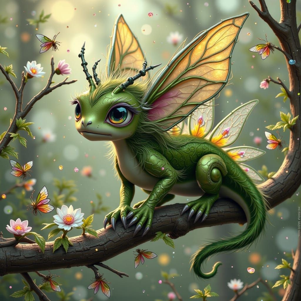 Mossy Dragon Perched Among Spring Flowers