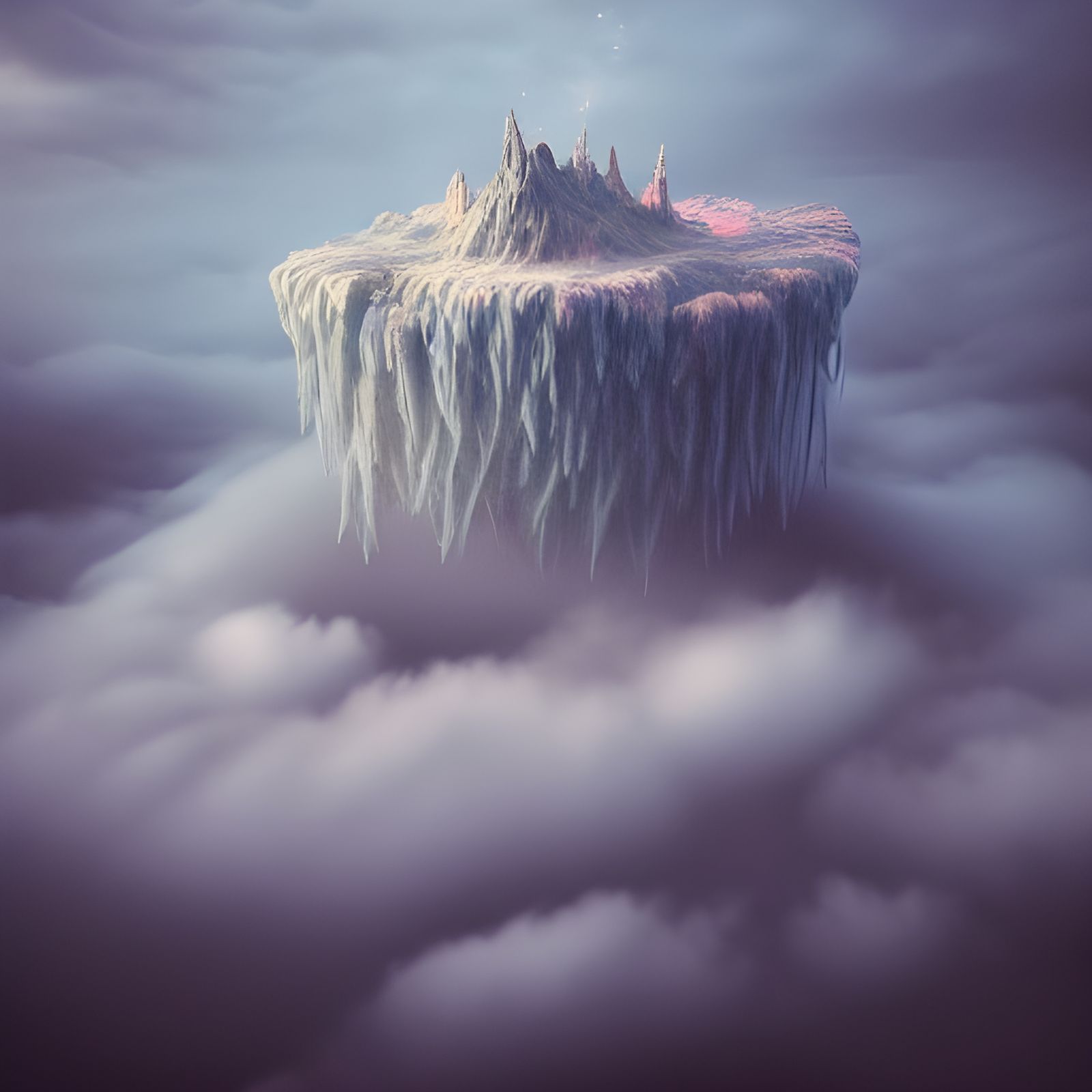 Floating Mountain Fortress in the Clouds: Digital Art