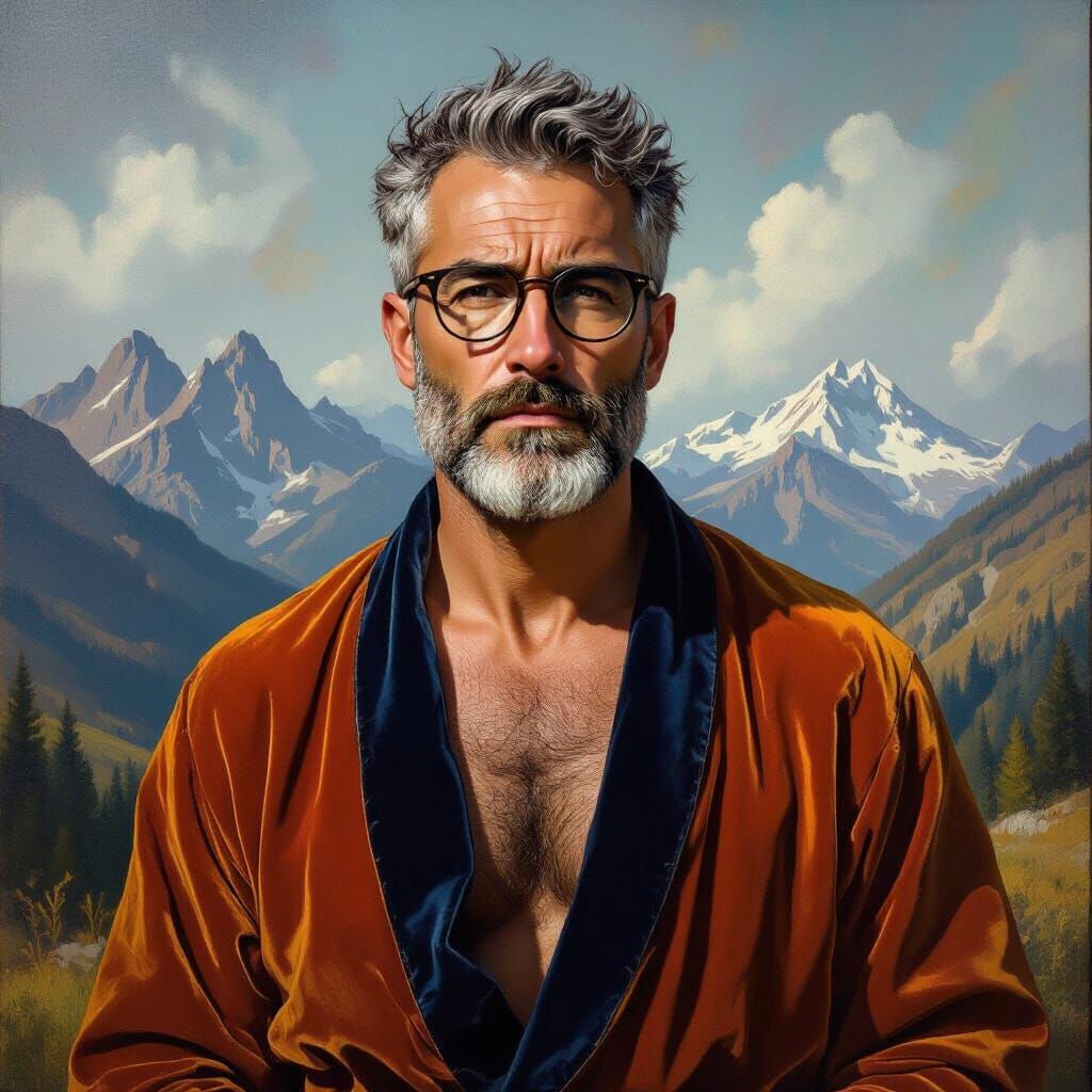 Impressionist Portrait of a Sad, Angry Man in Mountains