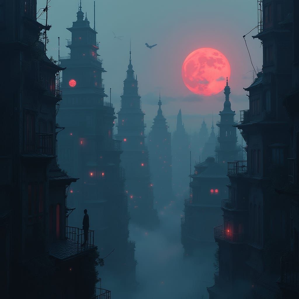 Dark Tokyo Cityscape at Dusk in Gothic Style