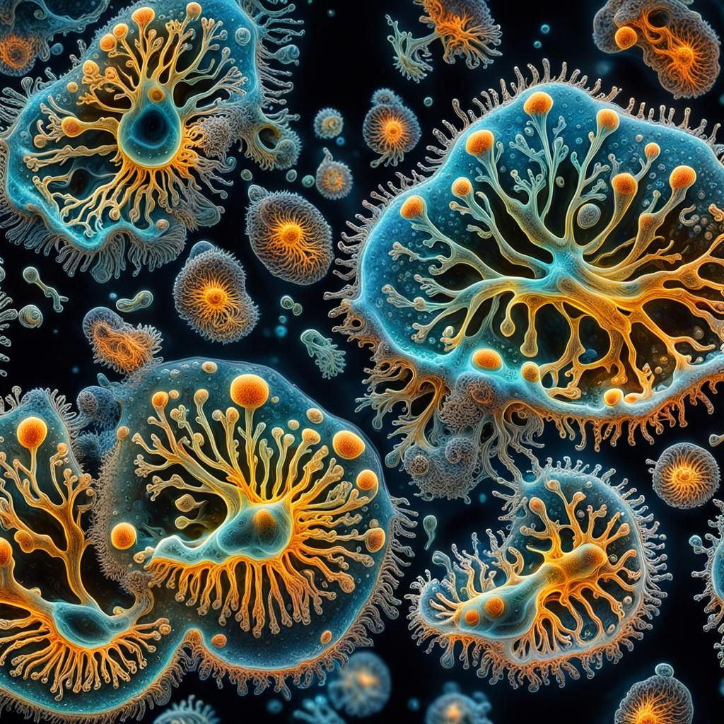 Dynamic Amoebas Duplicating in Microscopic Bioluminescence