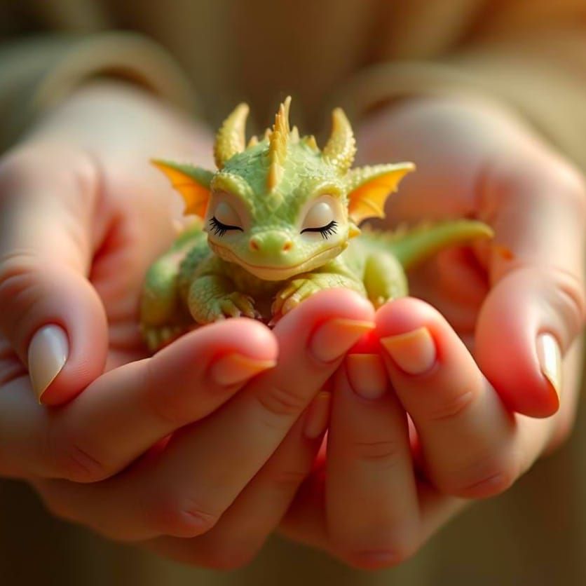 Adorable Green Dragon Snuggles in Woman's Hand