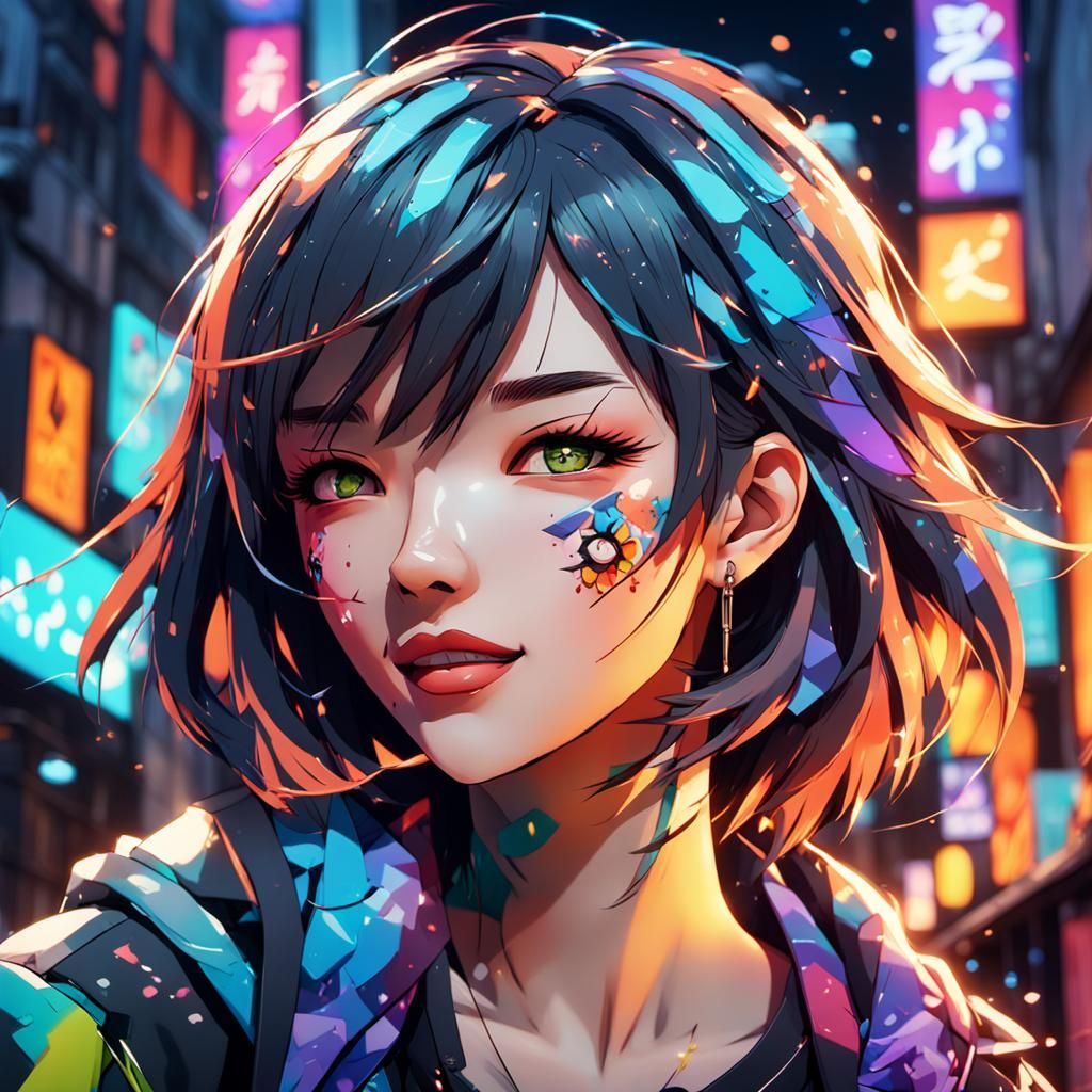 Dynamic Anime Woman Winking in Urban Alleyway