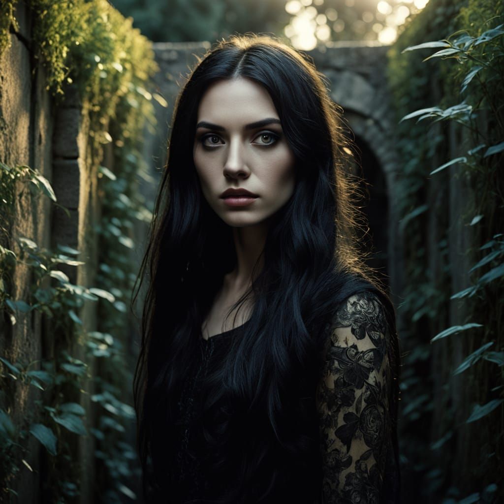 Gothic Girl in Maze: Cinematic Film Still