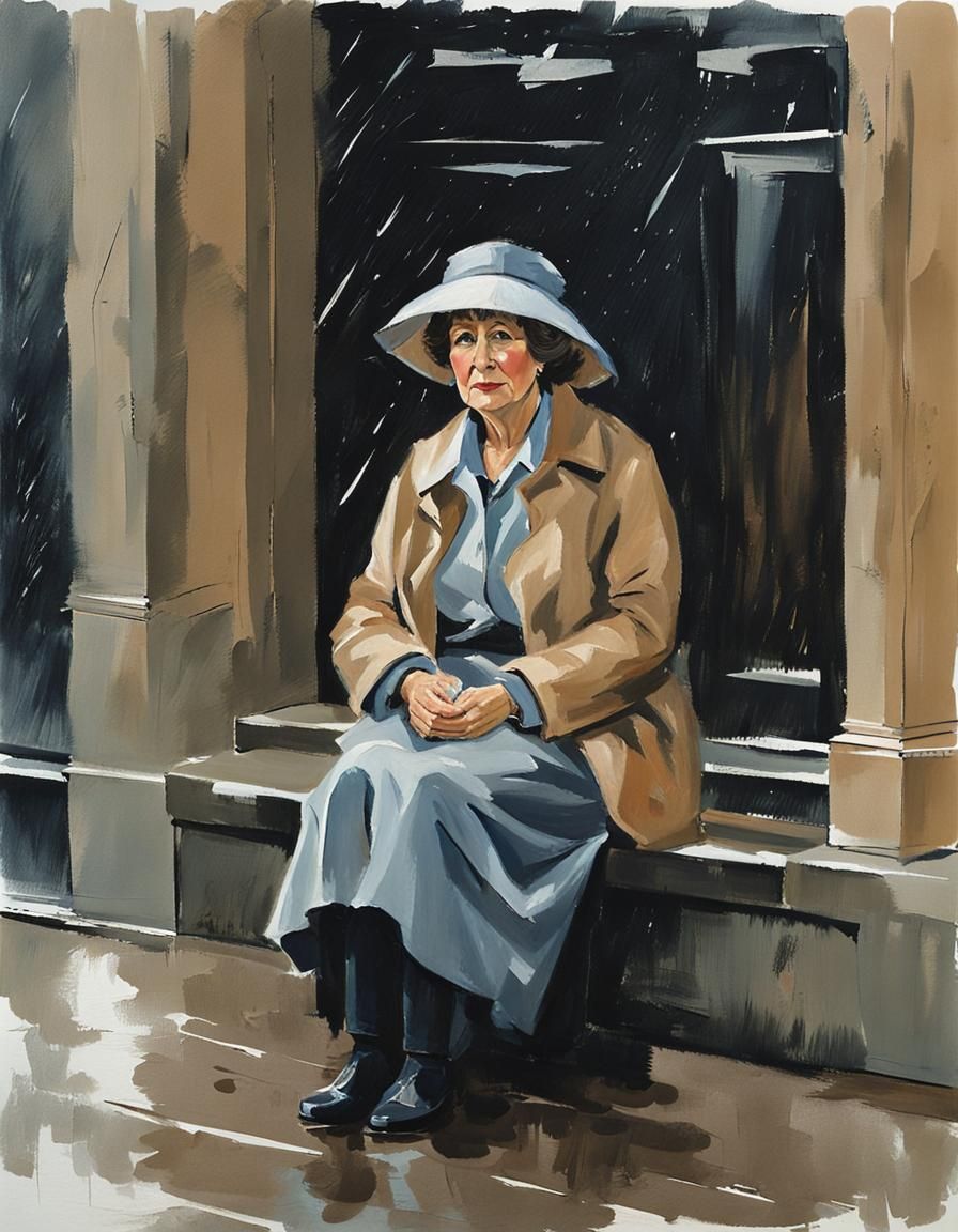 Woman in Rain, Gouache Painting of 1990s Poverty