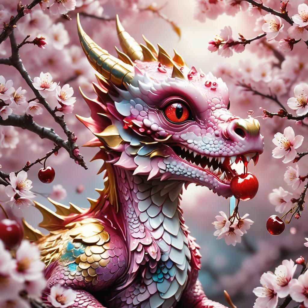 Tiny Dragon and Cherry in Pop Surrealism Style