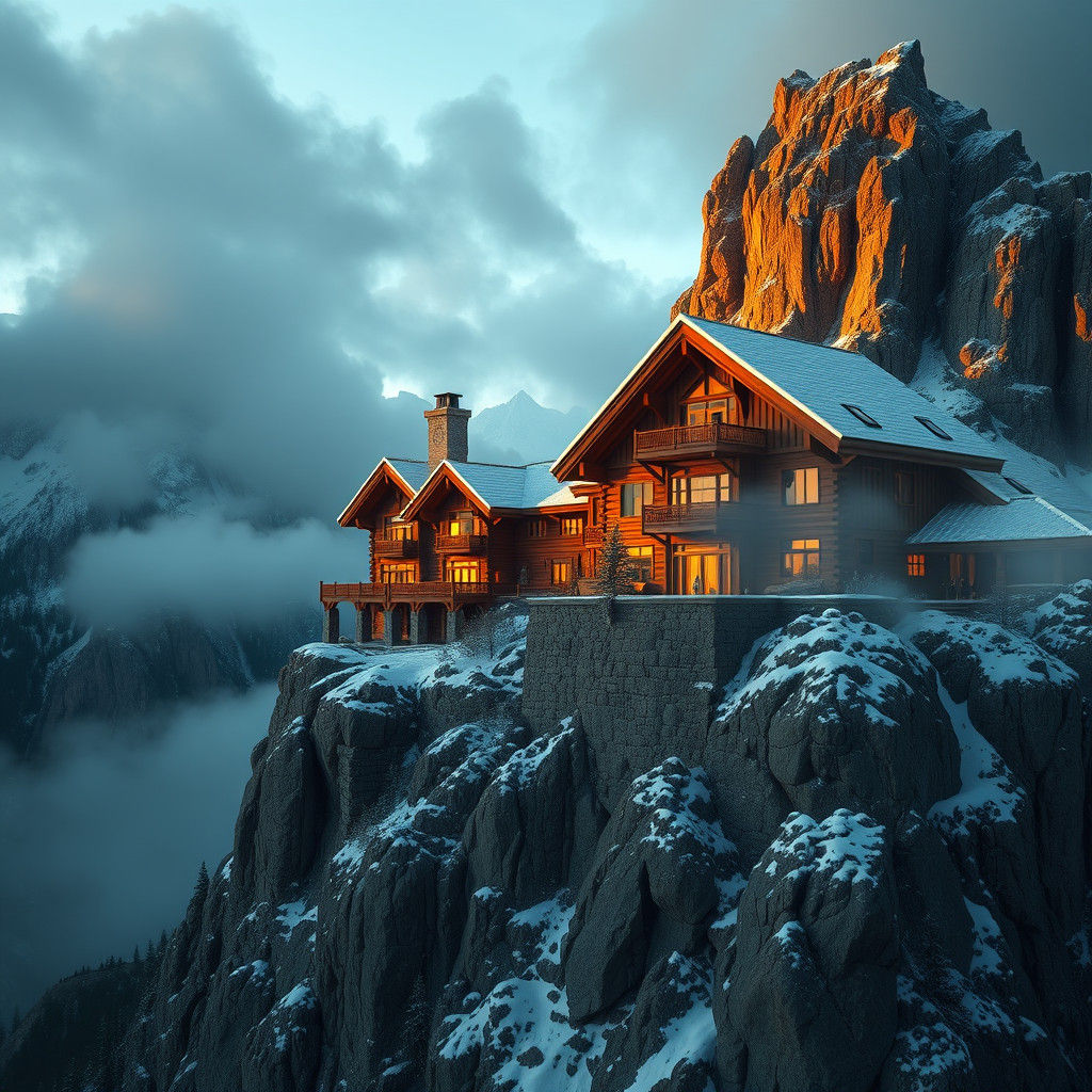 Majestic Mountain Lodge in Digital Matte Painting Style