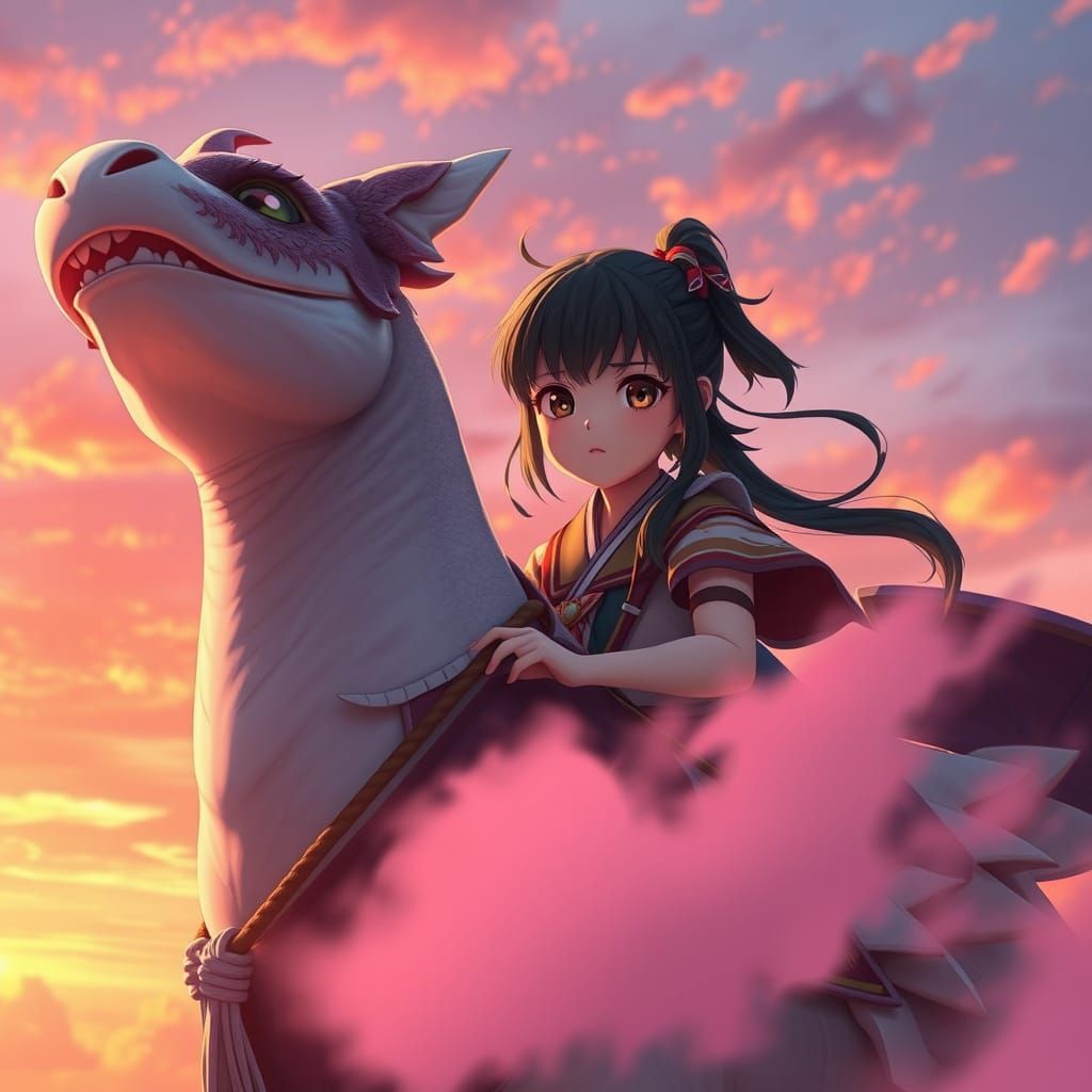 Anime Girl Rides Fantastical Creature Through Sunset Sky