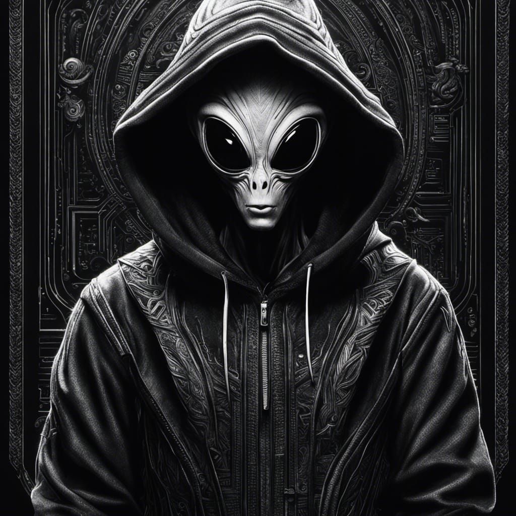 Alien in Hoodie: High Contrast White Ink Art