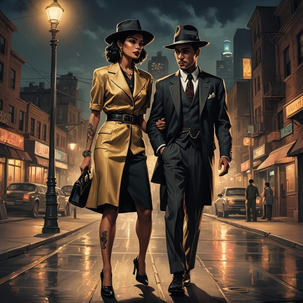 Mexican Zoot Suiter and Woman in Noir Cityscape