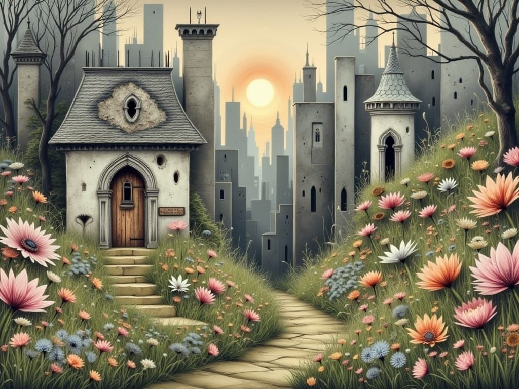 Cozy Cottage Amidst Urban Decay in a Gray City