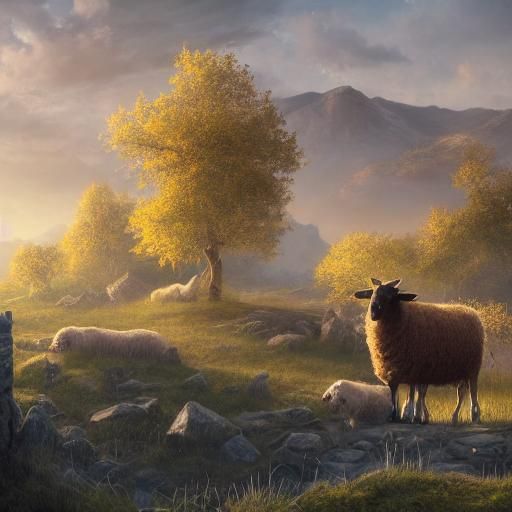 Pastoral Scene: Shepherd in Golden Light, Matte Painting