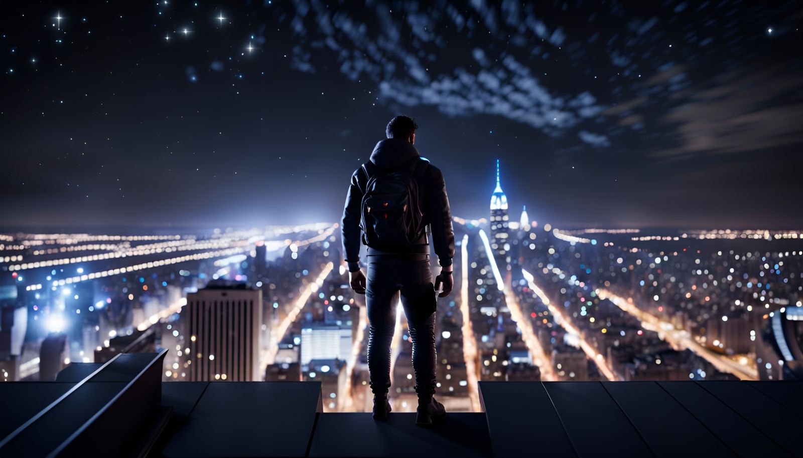 Shadowy Figure on NYC Rooftop at Night in Unreal Engine