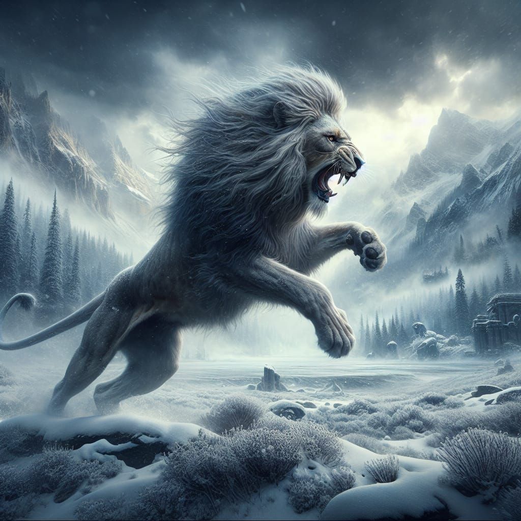 Fierce Lion in Winter Landscape, Matte Painting