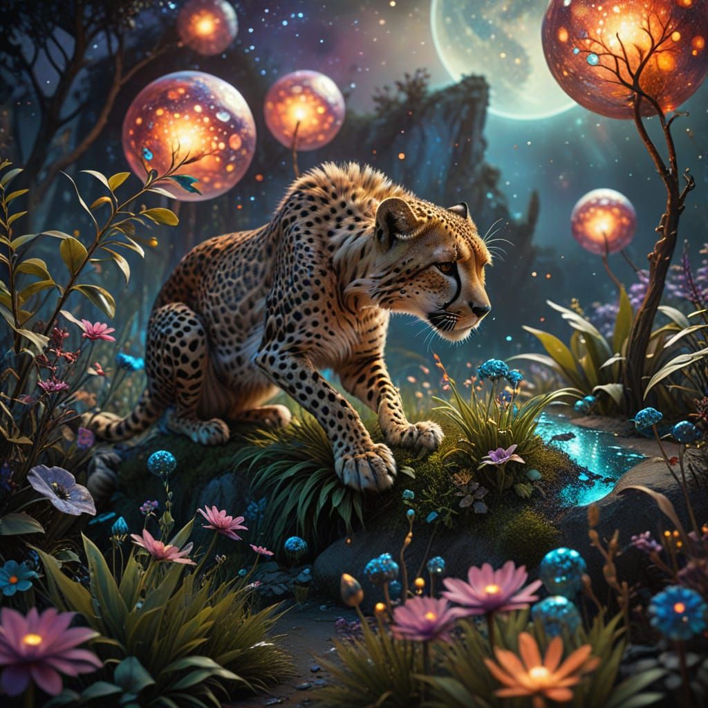 Galactic Cheetah Leaps Through Dreamscape in Alcohol Ink