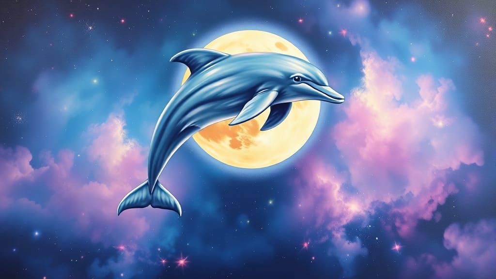 Dolphin's Cosmic Leap: Airbrush Art with Nebulae