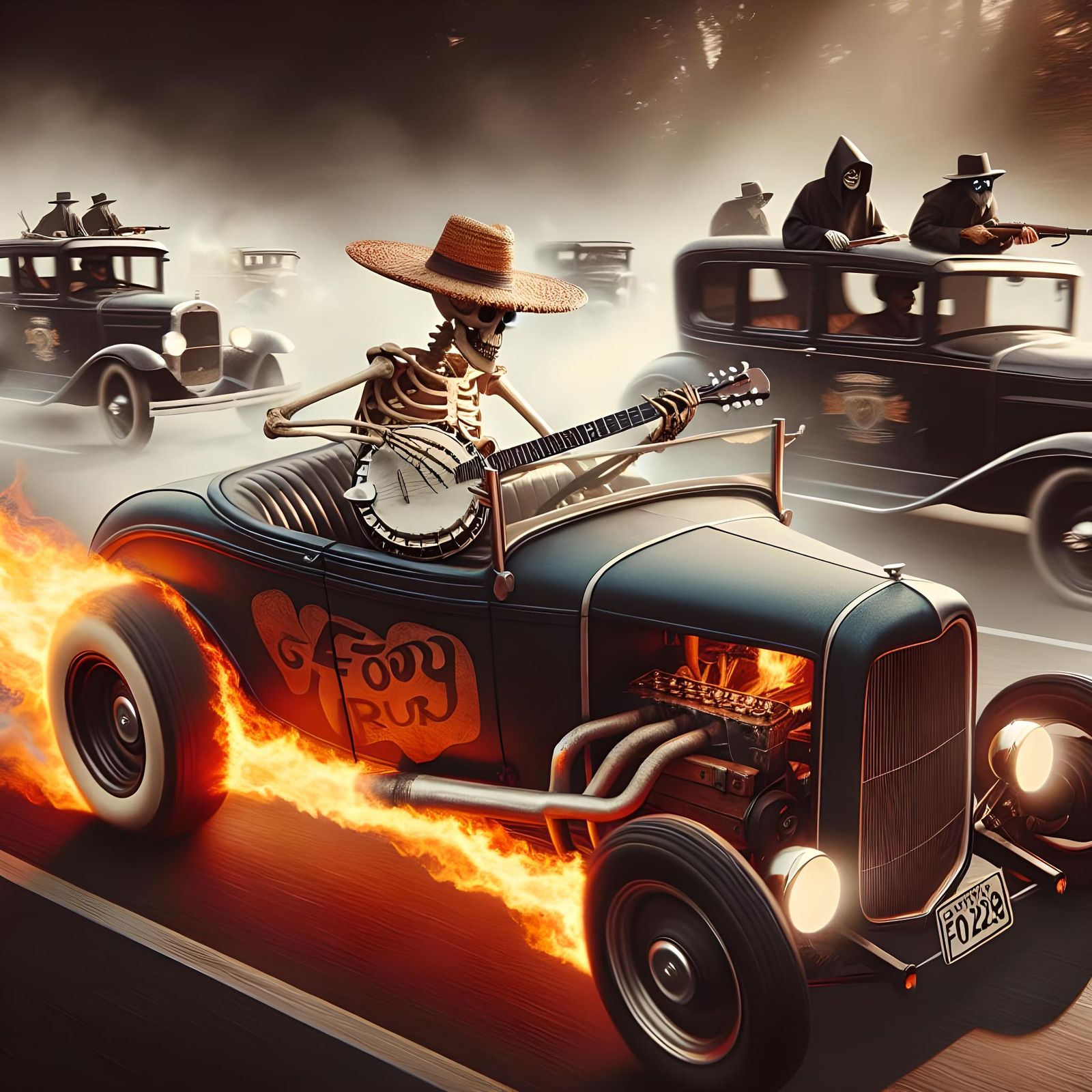 Fiery Hotrod Chase with Skeletal Musicians