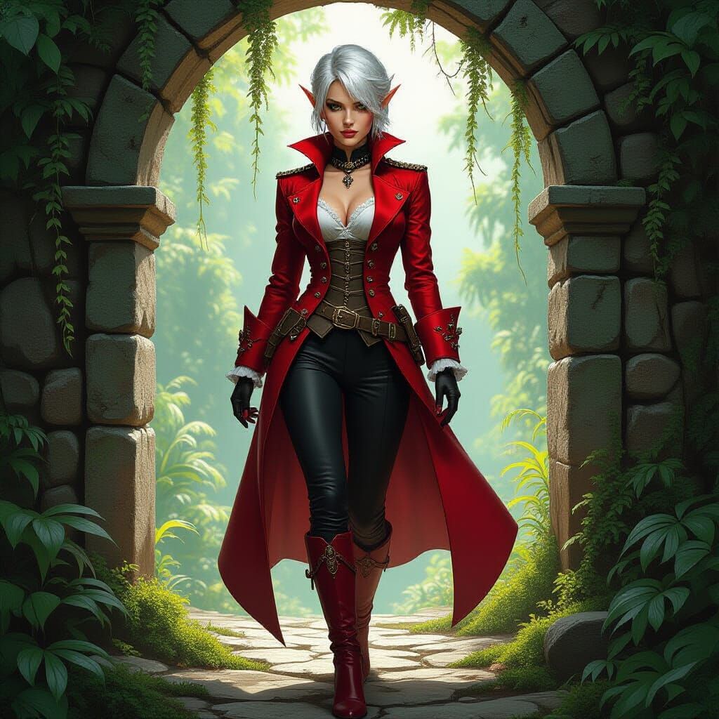 Alluring Elf Walks Through Ancient Jungle Archway