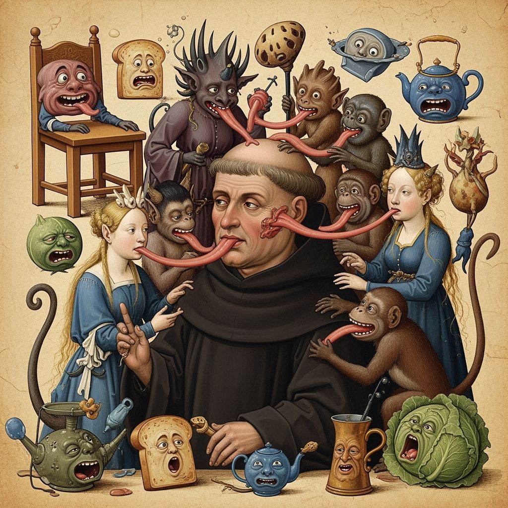 Monk Surrounded by Demons in Medieval Style