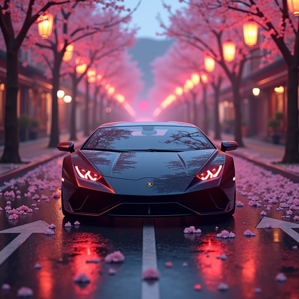 Lamborghini Drifting Under Cherry Blossoms in Cyberpunk Styl...