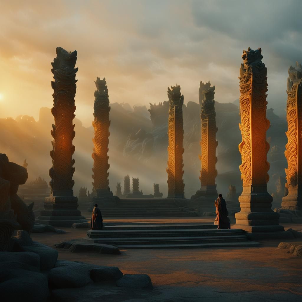 Epic Dragon Pillars in Misty Landscape at Sunset