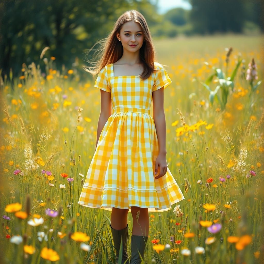 Whimsical Gingham Dress in a Sun-Kissed Meadow