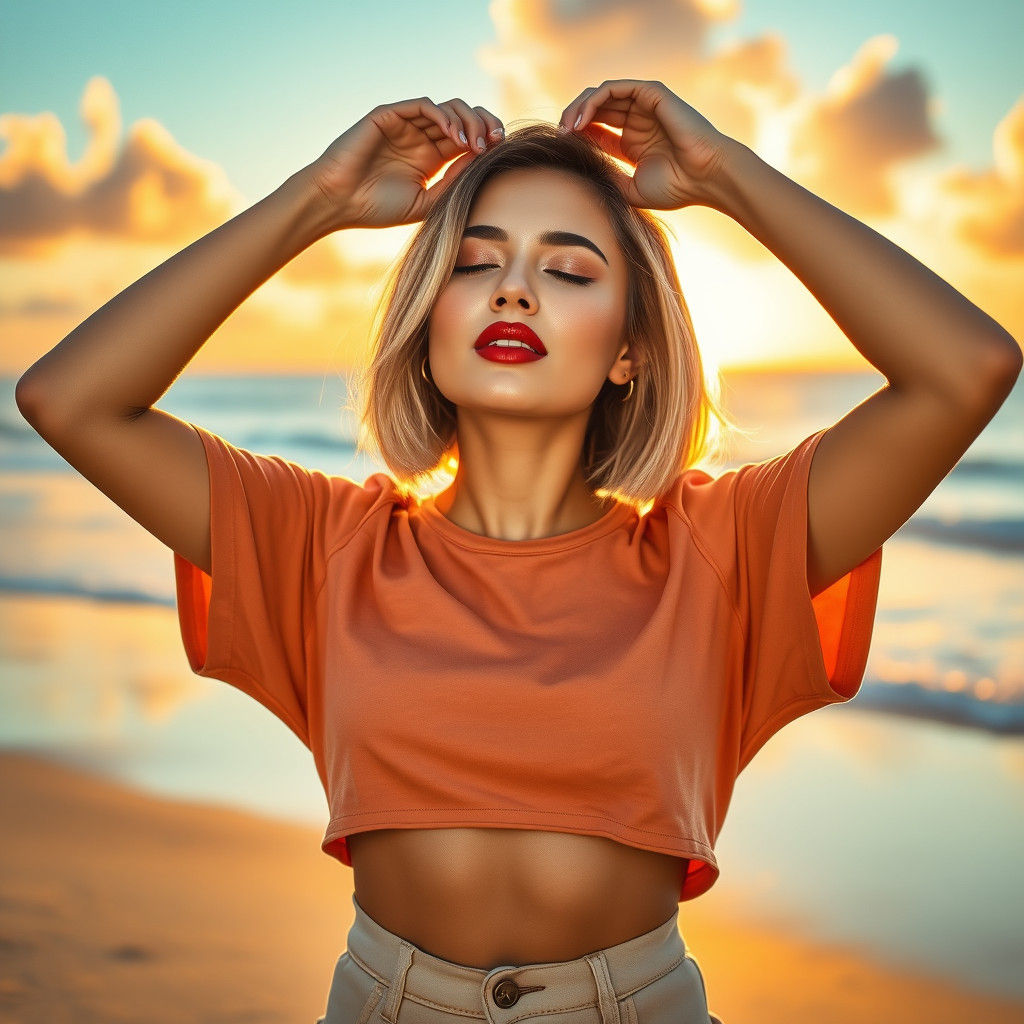 Serene Blonde Woman on Sun-Kissed Beach