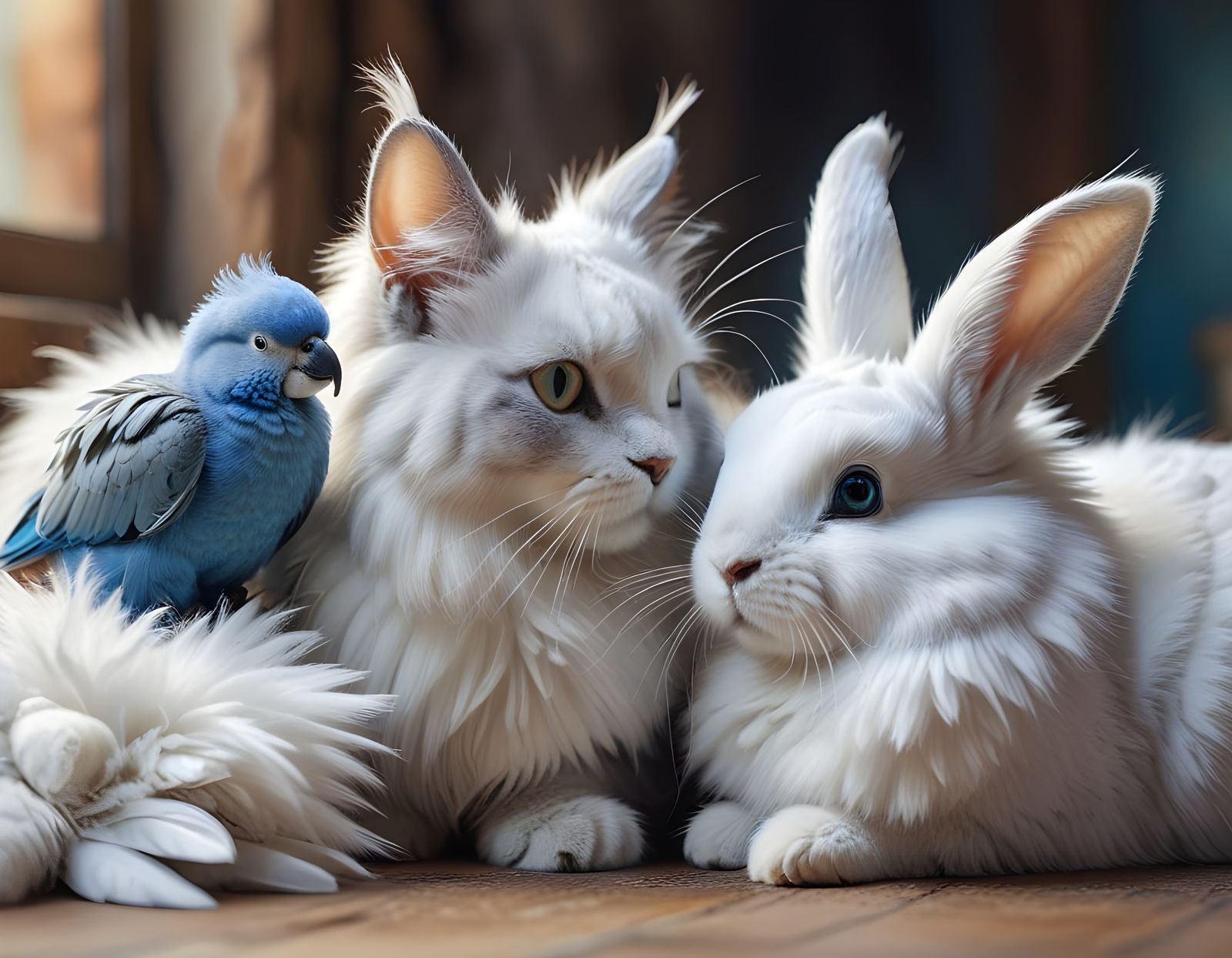 Fluffy Cat with Rabbit and Blue Parrot