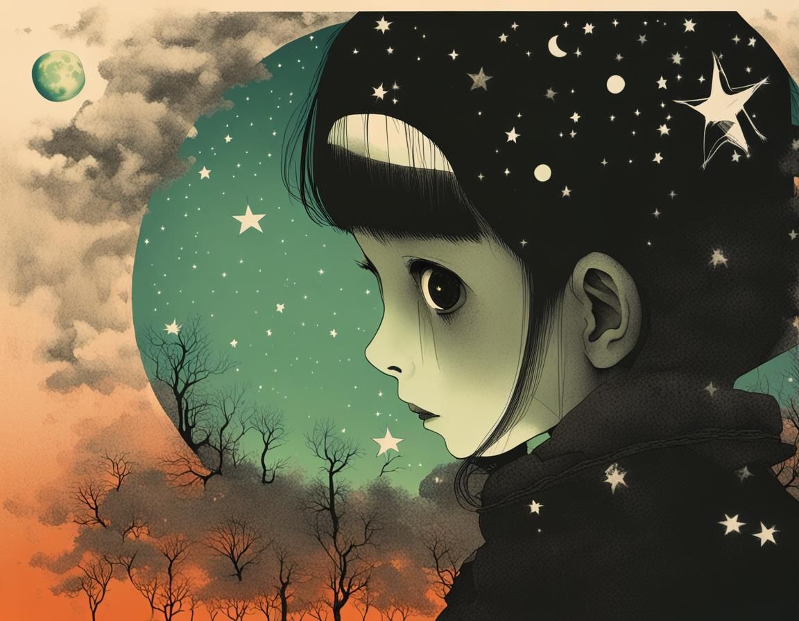 Melancholy Surrealism with Stars and Moon