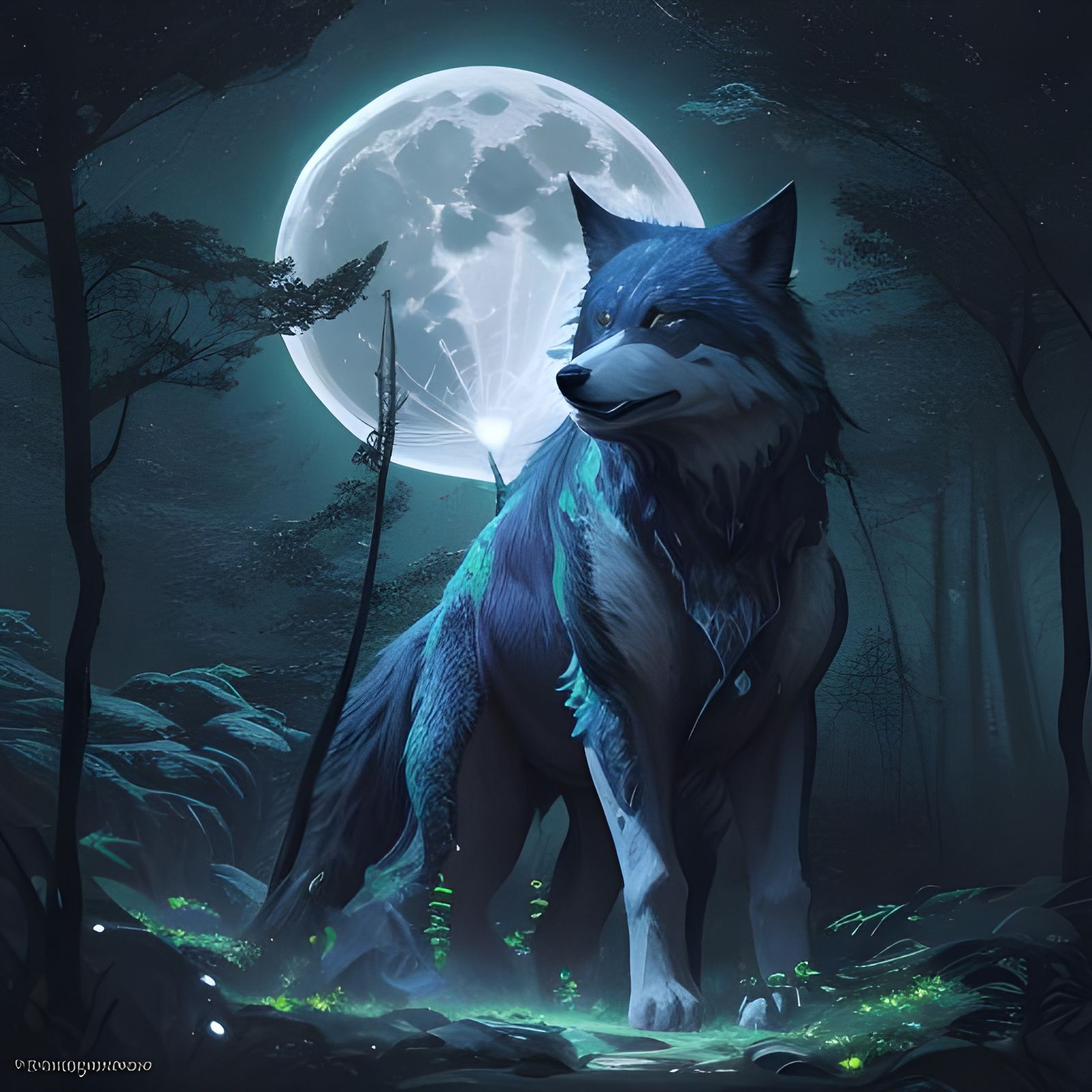 Surreal Geometric Wolf Basks in Celestial Glow