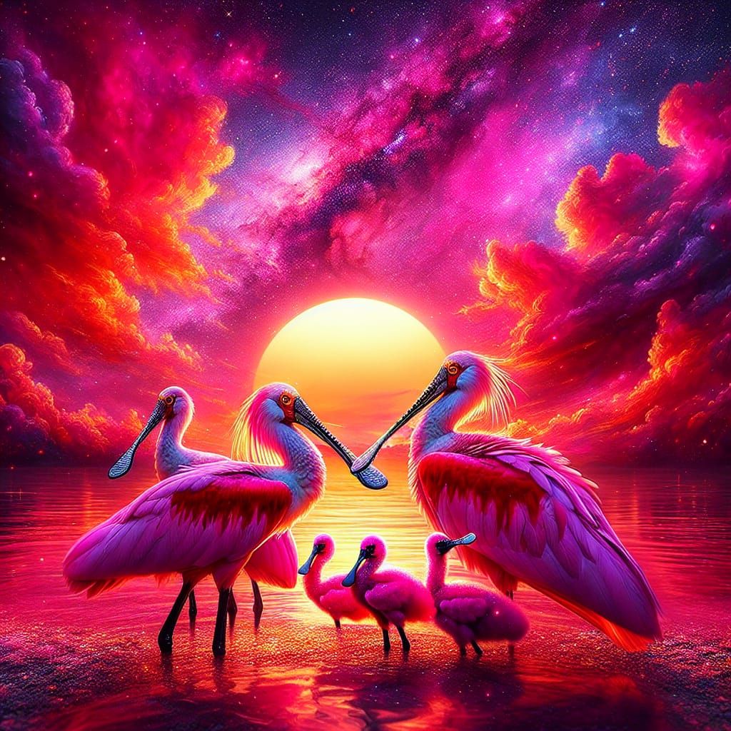 Rosette Spoonbills Family at Caribbean Sunset