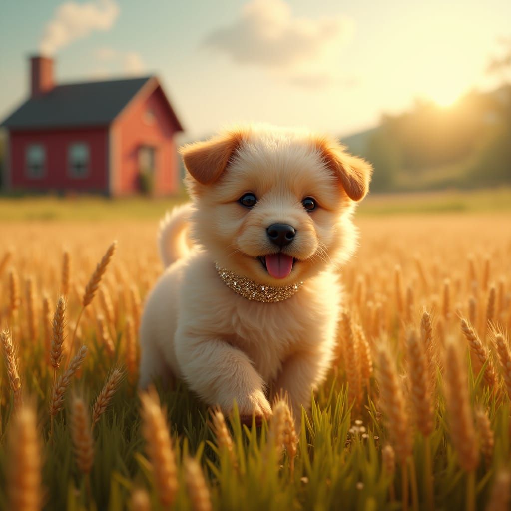 Enchanted Wheat Field Scene with Puppy and Rustic Farmhouse