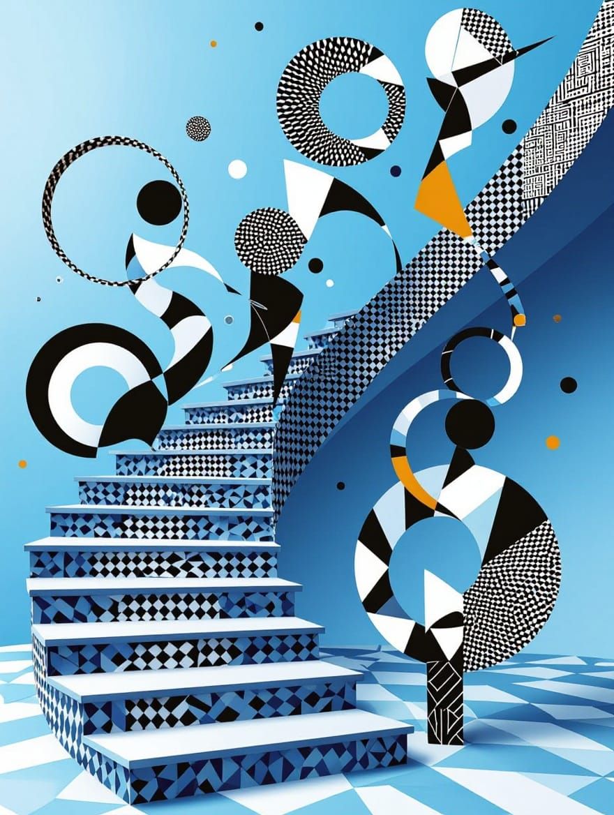 Vibrant Hula Hoop Dancers on an Escher-Inspired Staircase