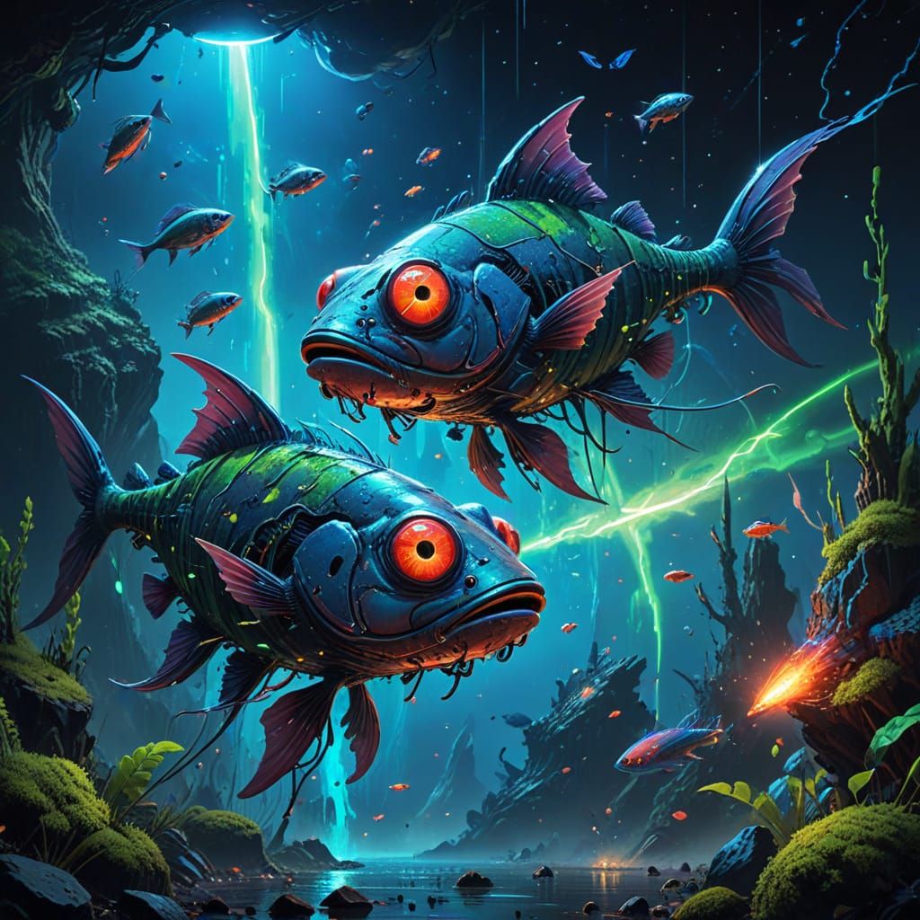 Galactic Splash Art: Vibrant Fishies Engage in Cosmic Laser ...