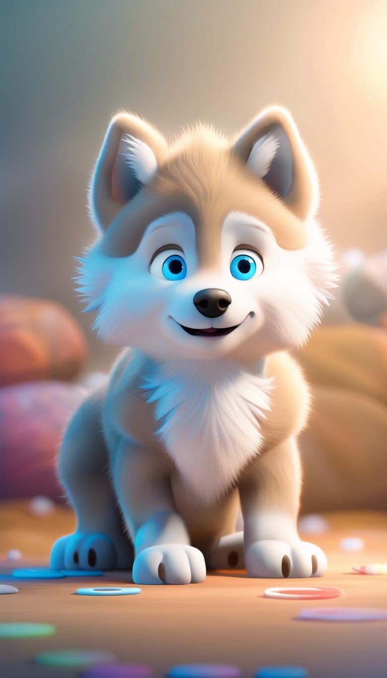 Animated Wolf Cub Playing with Cryptocurrency