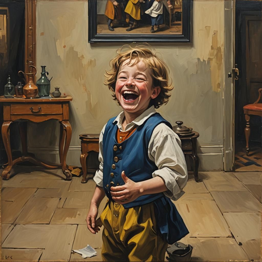 Boy Laughing in Art Studio, Vermeer Style
