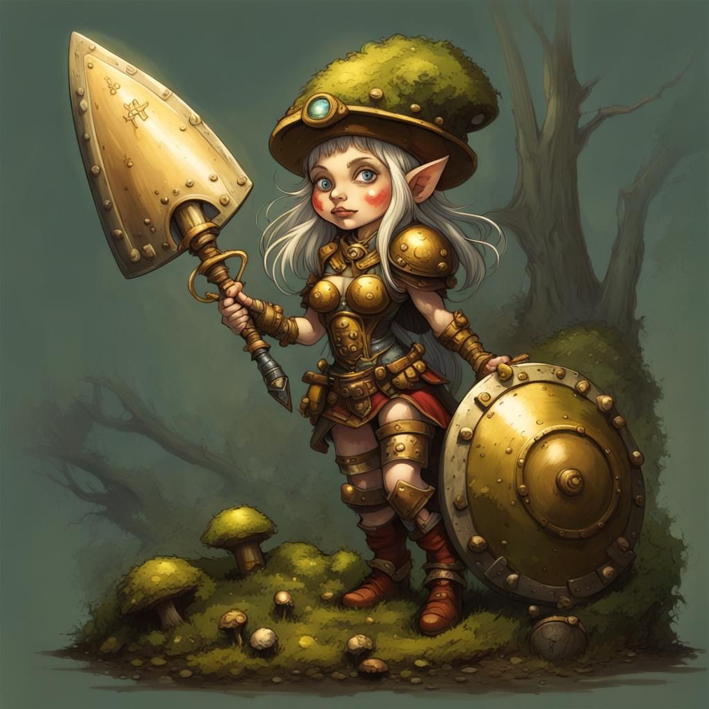 Gnome Warrior in Mushroom Armor with Steampunk Engine