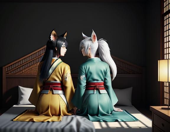 Two Kitsune Kissing in Manga-Inspired 3D Scene