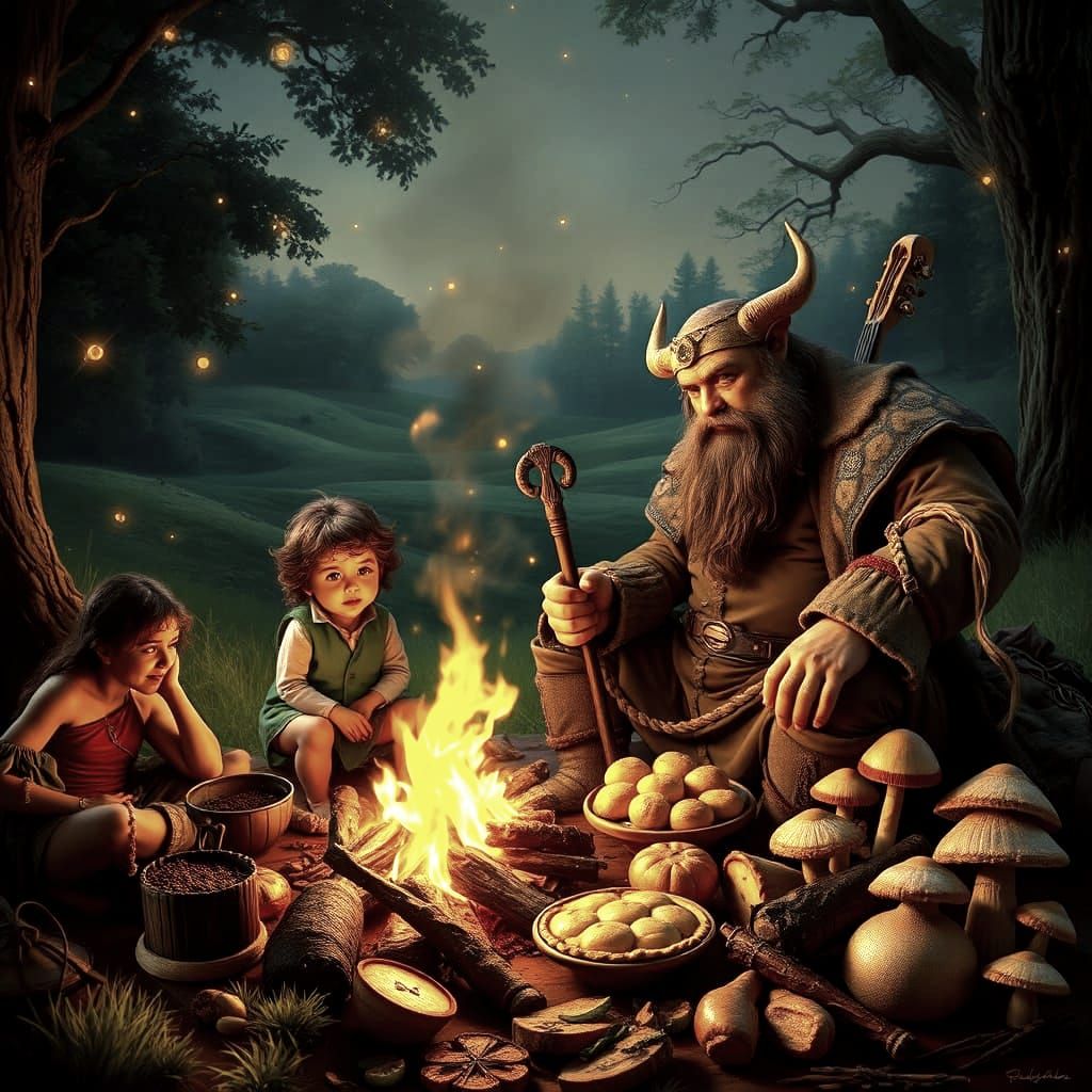 Tolkien Fantasy Scene: Jolly Hobbit and Dwarven Bard Share C...