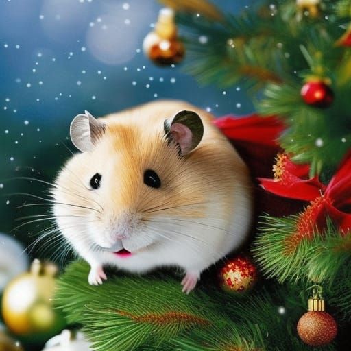 Hamster Decorates Christmas Tree in Ethereal Fantasy Style